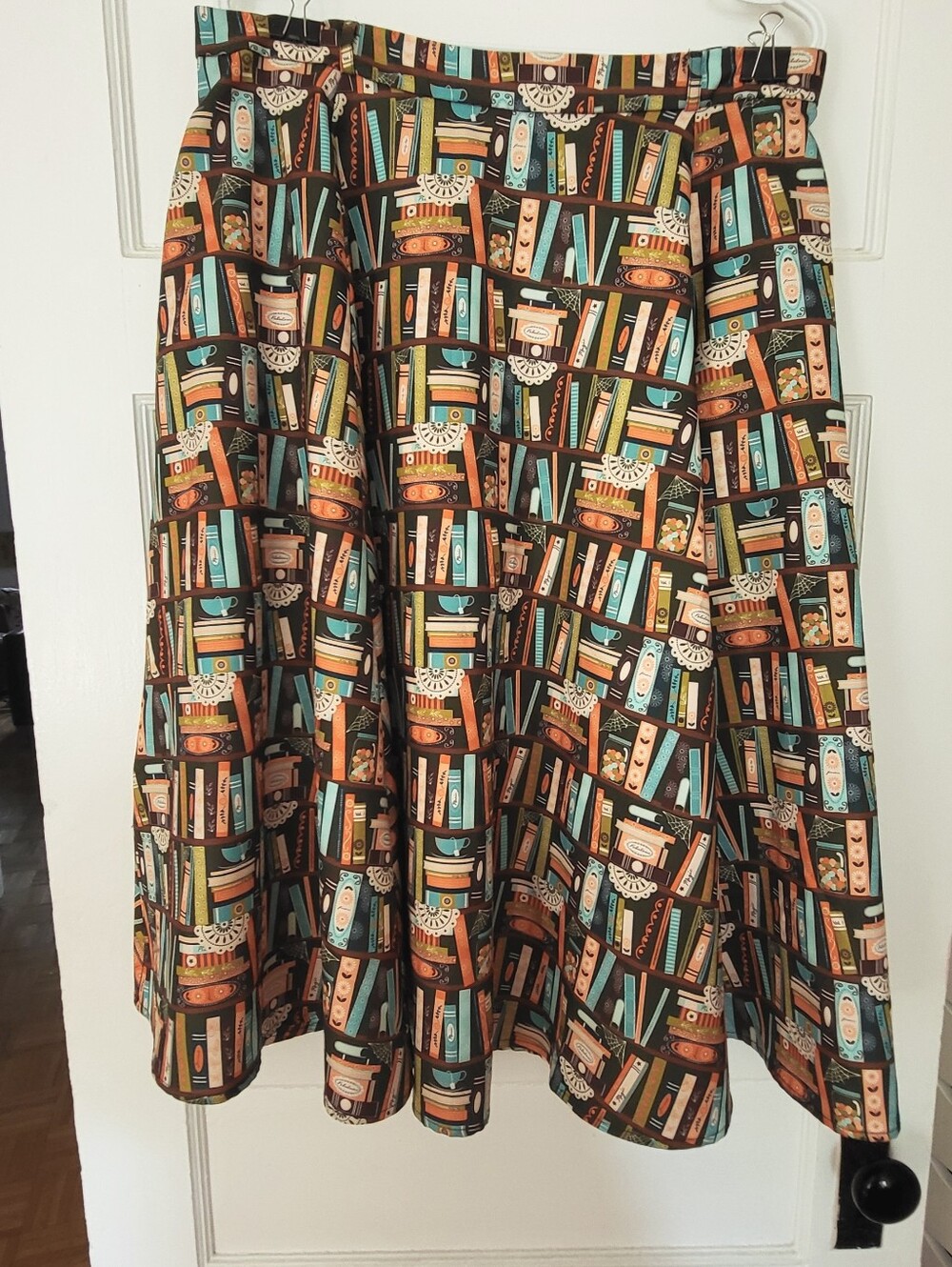 Lindy Bop Bookcase Print Skirt in Black, Teal & Orange - Picture 2 of 5